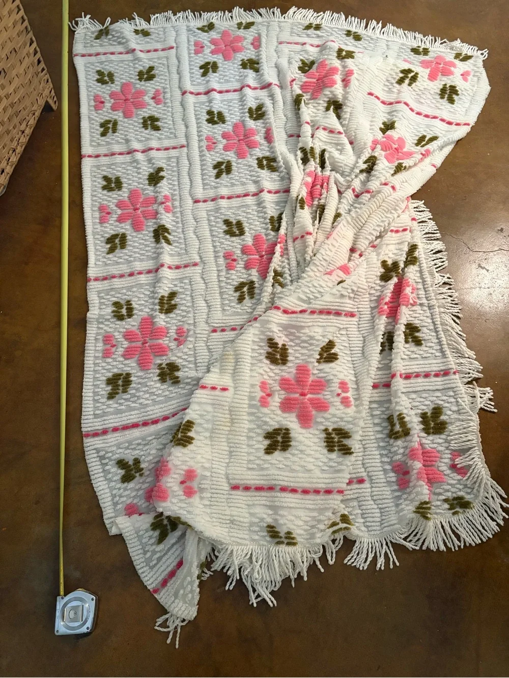 White Chenille Throw Blanket with Pink Floral Pattern